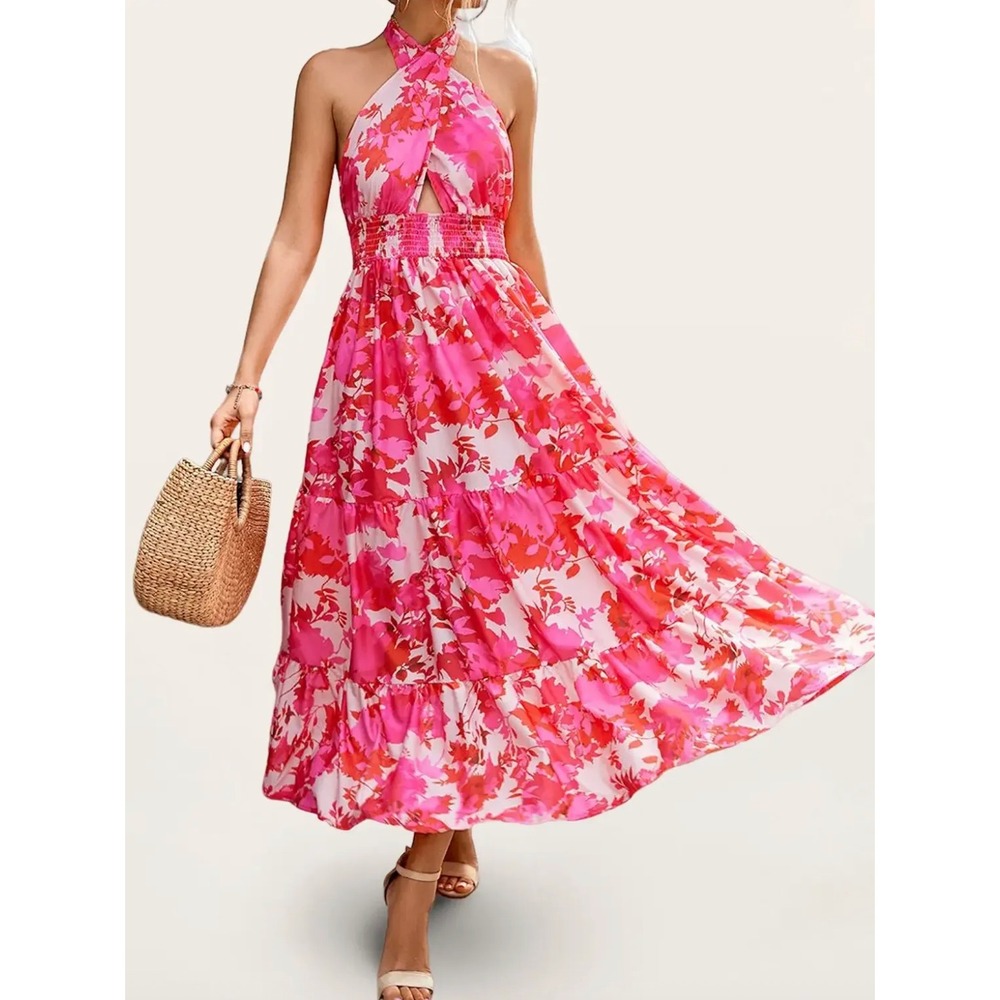 Luxedo Pink Floral Halter Maxi Dress Smocked Waist Size L New